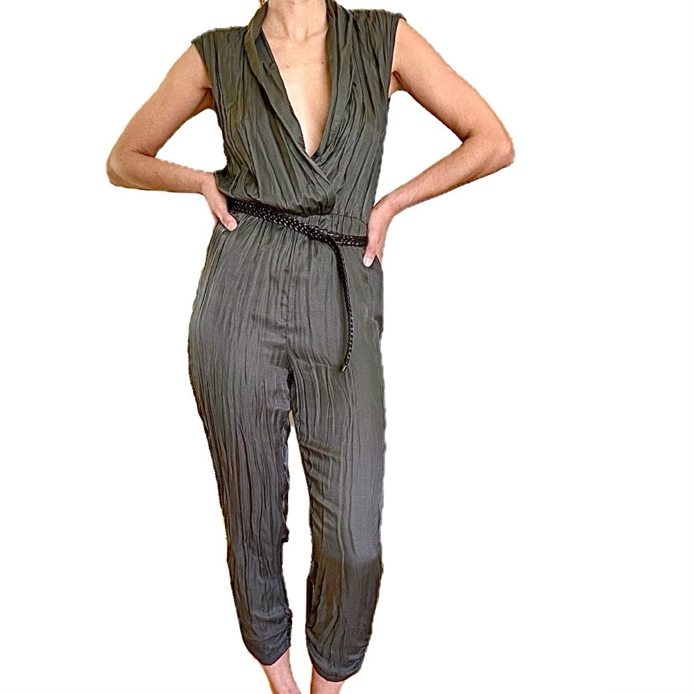 Forever 21 Olive Green Sleeveless V-Neck Jumpsuit with Braided Belt